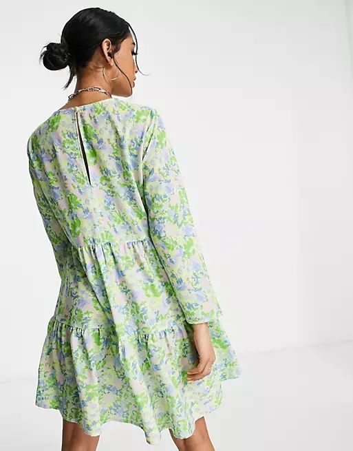 ASOS DESIGN Petite long sleeve tiered smock mini dress in green floral print | ASOS (Global)