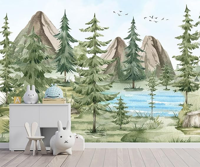 -Watercolor Green Pine Mural Cartoon Forest Fabric Wallpaper Children's Room 180" x 115"(Not Peel... | Amazon (US)