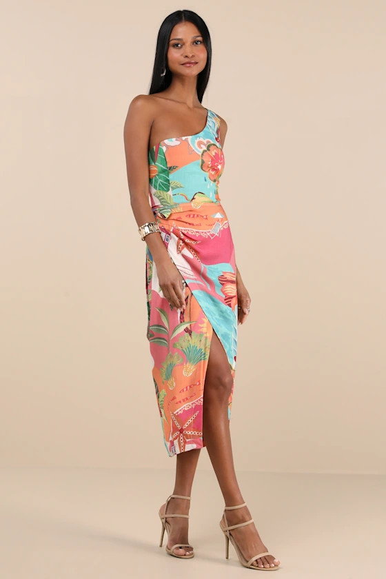 Hilinai Blue Multi Tropical Print Wrap Midi Dress | Lulus