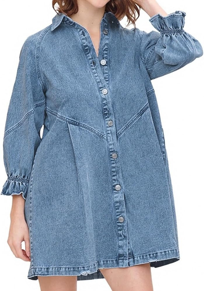 Women’s Washed Denim Puff Sleeve Dress with Elastic Waist, Boho Chic Mini Dress (S-3XL) | Amazon (US)