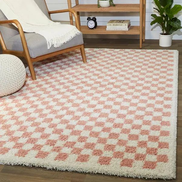 Covey Plush Checkered Thick Shag Area Rug - 7'10" x 10' - Pink | Bed Bath & Beyond