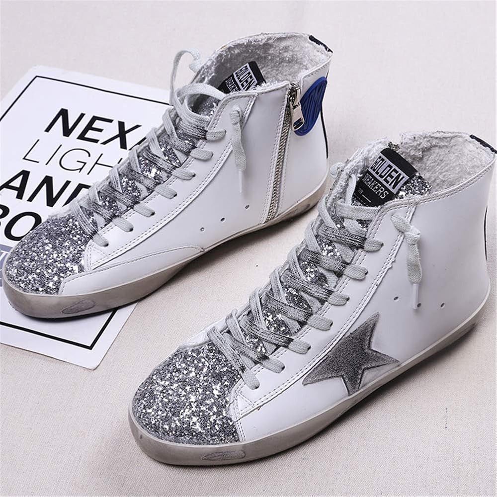 Women's High Top Fashion Flat Sneakers Distressed Design Lace up Star Glitter Shoes | Amazon (US)