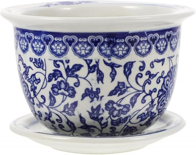 Blue And White Porcelain Flower Pots Chinese Ceramic Planters with Saucer Tray Indoor Plants Cont... | Amazon (US)