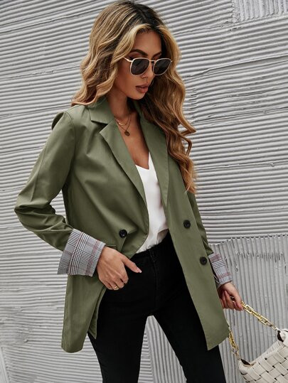 Contrast Plaid Double Breasted Blazer | SHEIN