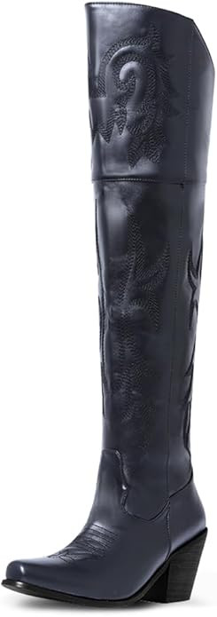 VOMIRA Knee High Boots for Women Pointed Toe Chunky Cork Heel Knight Boots Vintage Embroidery Cow... | Amazon (US)