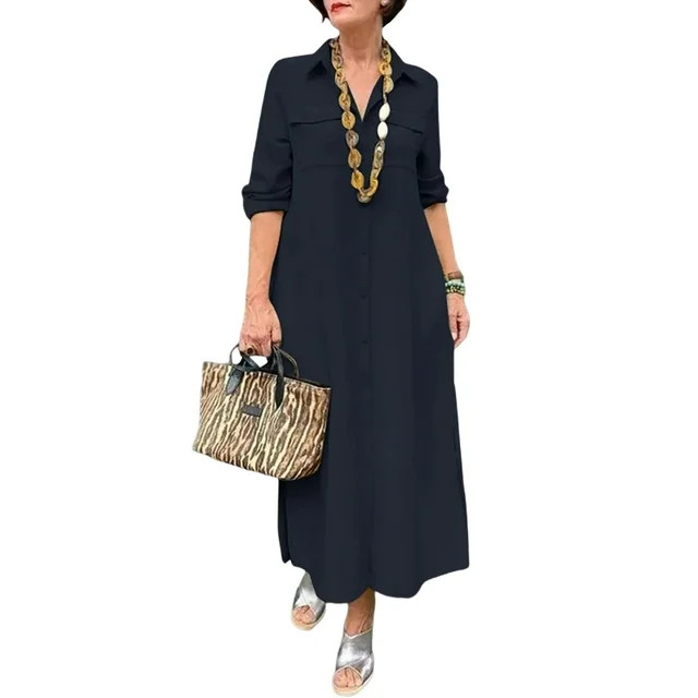 Frontwalk Women Casual Shirt Dress Long Sleeve Maxi Dresses Button Down Baggy Blouse Dress Navy B... | Walmart (US)