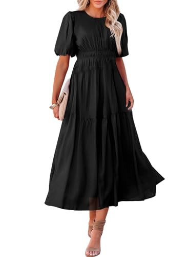 AlvaQ Womens Casual Dresses Summer Crewneck Puff Sleeve Smocked Midi Dress High Waist Ruffle Flow... | Amazon (US)