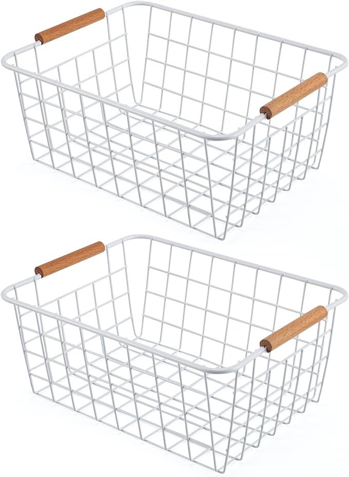 Wire Basket 2 Pcs Wire Storage Baskets Wire Baskets Organizing with Wooden Handles Wire Basket Pa... | Amazon (US)