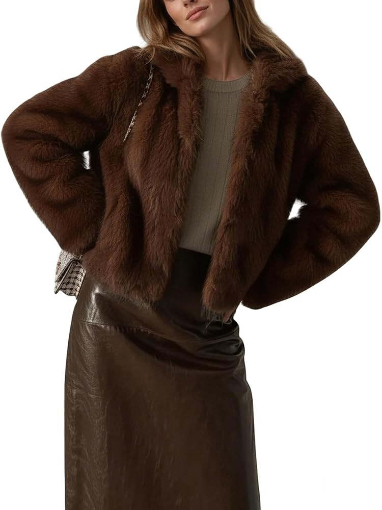 Women Faux Fur Coat Fluffy Long Lapel Open Front Cropped Furry Jacket Casual Oversized Shaggy War... | Amazon (US)