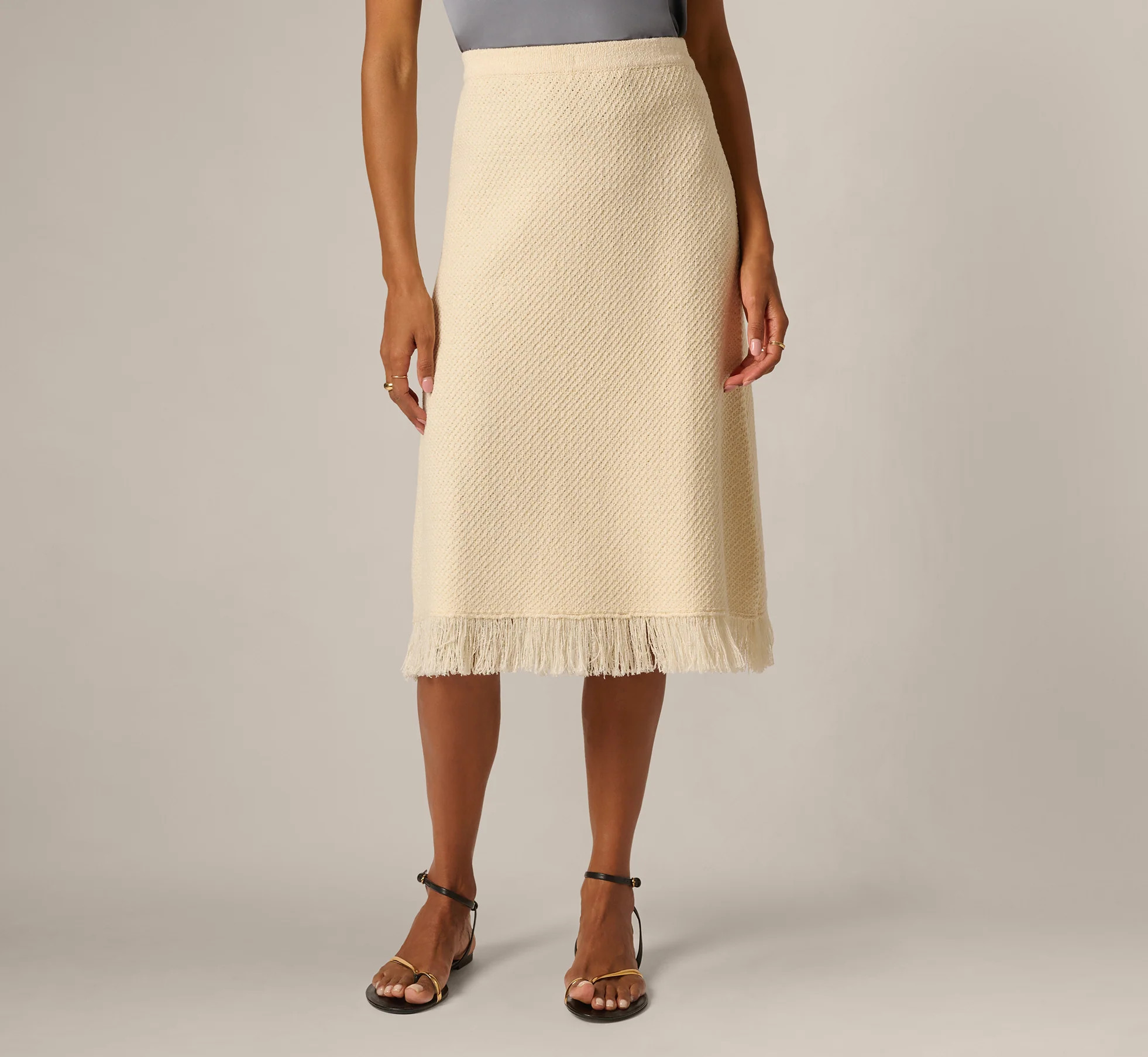 Textured Knit Fringe Midi Skirt In Cream | Adrianna Papell