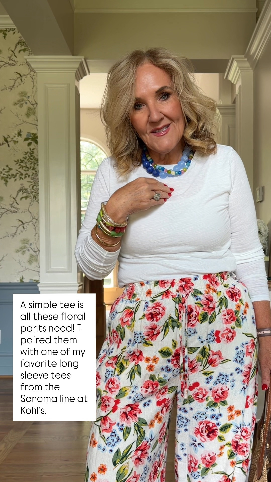 These floral pants are one of my favorite statement pieces for summer! I paired them with a Sonoma long sleeve tee from Kohl's for an easy, balanced look. I'm wearing a small in the tee because I like less bulk when tucking it into fuller bottoms, but if you prefer a more relaxed fit, I'd stick with your regular size.

💡 LTK MADE EASY
❤️ Heart = Support my posts!
📌 Save = Get sale & restock alerts
📋 Lists = Keep favorites organized
📲 Share = Send lists and products to a friend. Hello, Christmas List! 💬
💬 Comment = Ask me anything about sizing or fit. :-)

#LTKootd #LTKOver40 #LTKSaleAlert