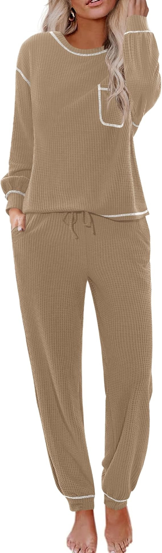 Ekouaer Womens Pajamas Set Waffle Knit Long Sleeve Lounge Set 2 Piece Pj Loungewear Sleepwear S-X... | Amazon (US)