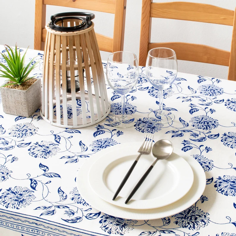 Blue White Table Cloth, 100% Cotton, Floral Hand Block Print for Home, Kitchen, Dining Room, Holi... | Etsy (US)