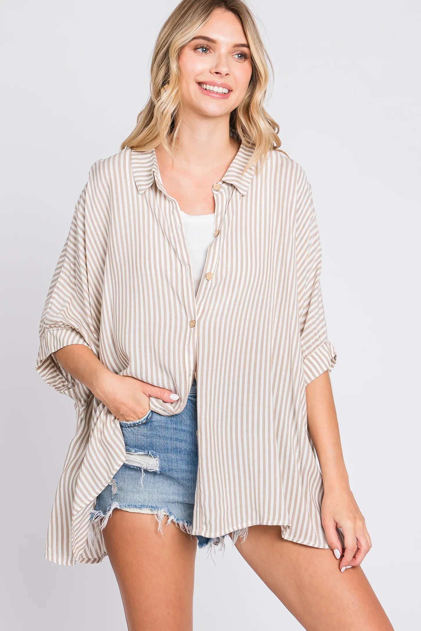 Taupe Striped Button Up Dolman Top | PinkBlush Maternity