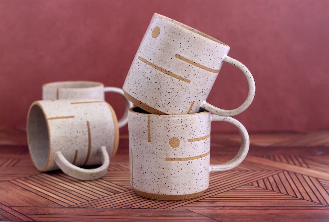 Handmade Ceramic Mug in White Mid Century Design on Speckled - Etsy | Etsy (US)