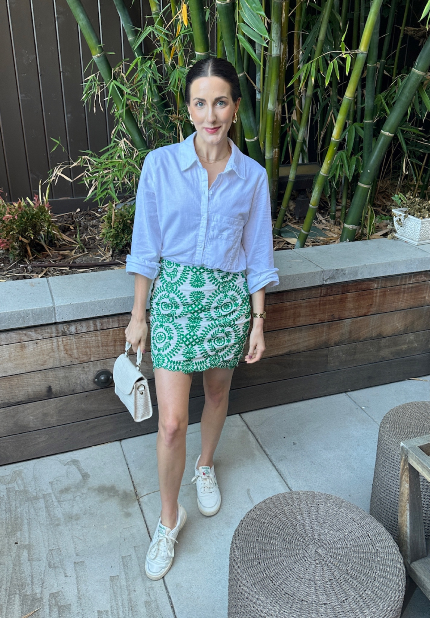 Amazon summer to fall fashion: Amazon has the cutest summer to fall transition pieces for your wardrobe including this white button down and patterned skirt paired with a white top handle bag snd white fashion sneakers. I am 5'4.5 and wearing a small in the top and skirt! Perfect brunch outfit, work outfit, summer to fall outfit  

#LTKSeasonal #LTKworkwear #LTKstyletip