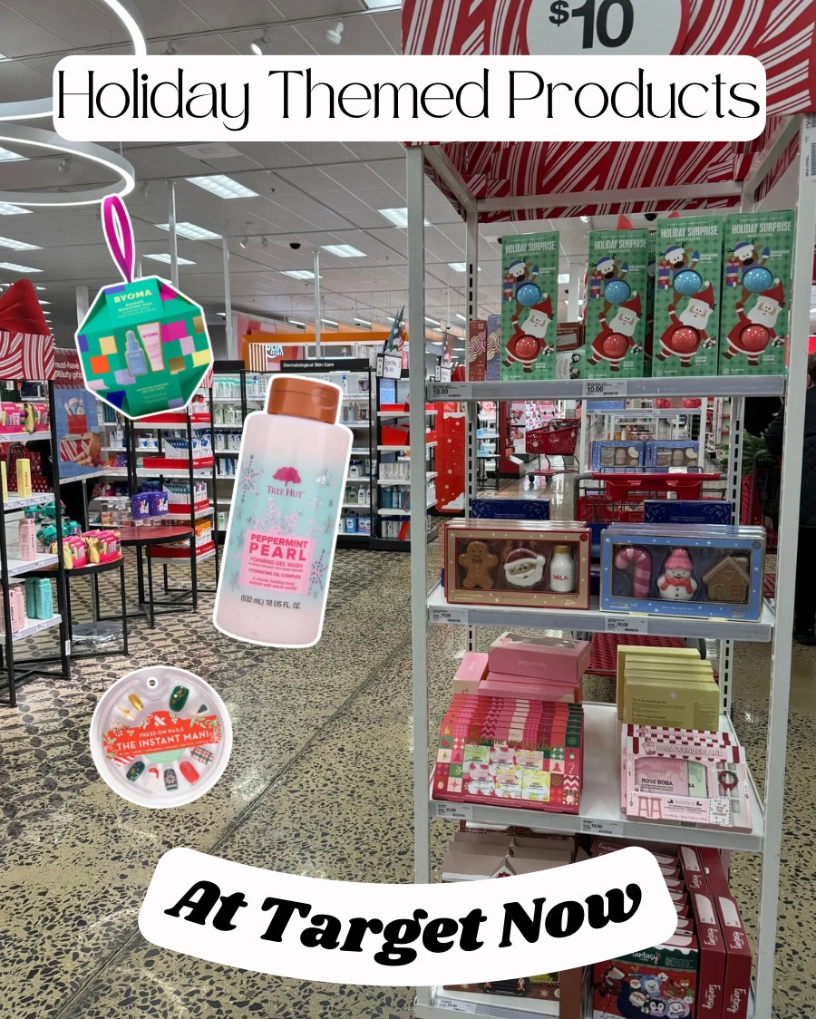 Holiday Themed Products At Target Now

Maybelline “Never Lost Gloss”
-Maybelline made keychains for their Lifter lipglosses to fit into so you never lose your lip gloss.
-The keychain packaging also doubles as a christmas ornament
-$16 for both
-Fenty Beauty Dupe

Olive and June “Sleigh Your Mani”
-They have Christmas themed press on nails, nail polish, nail stickers, and packaging
-The perfect stocking stuffer for only $10

Nyx Mini Gift Sets
-They have an array of gift sets including their fat oil, fat oil click stick, duck plump, and butter gloss
-The perfect size and perfect price for only $20

Monday’s Moisture Gift Set
-This includes their leave in conditioner, their moisture shampoo and conditioner, and their body wash
-This won’t fit in a stocking, but it’s so affordable for only $10!!!!

Tree Hut’s Holiday Scents
-Peppermint Peal and Twinkling Topaz body washes, sugar scrubs, and body creams
-This is a huge bottle for only $9

BYOMA Barrier Boosting Duo
-BYOMA’s Moisturizing Gel Cream and their Hydrating Serum in ornament shaped packaging that you can hang on your Christmas tree!
-Only $10 for this cutie!!!

Hero Blemish Back Up Kit
-The original mighty patch, the invisible mighty patch, and the rescue balm
-$20 for this set!!!
