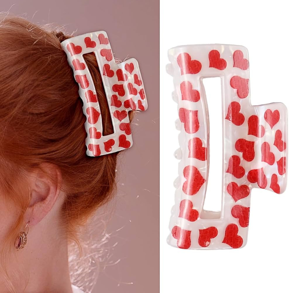 Valentine's Day Square Claw Clips for Thick Thin Hair, 3" Medium Hair Clips with Red Heart Patter... | Amazon (US)