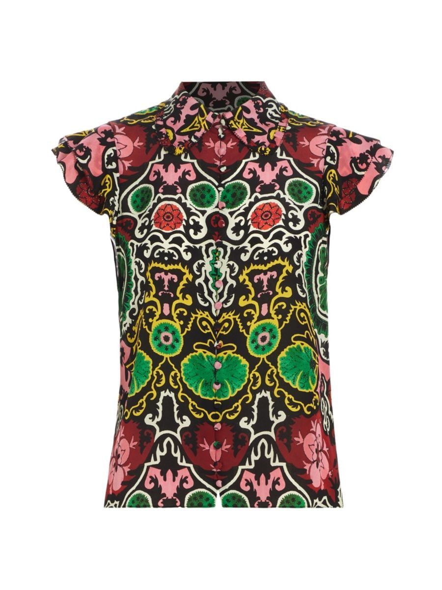 Abstract Silk Ruffle Cap-Sleeve Shirt | Saks Fifth Avenue