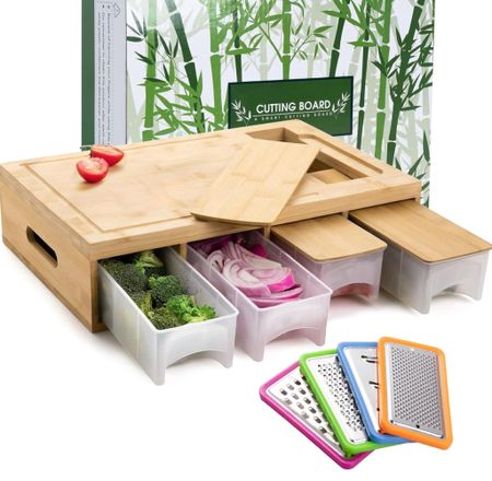 Bamboo Cutting Board with Containers, Sturdy Meal Prep Station for Kitchen, Includes 4 Graters, 4 Trays with Lids - Easy Food Storage, Christmas Gifts

#LTKhome #LTKfindsunder50 #LTKGiftGuide
