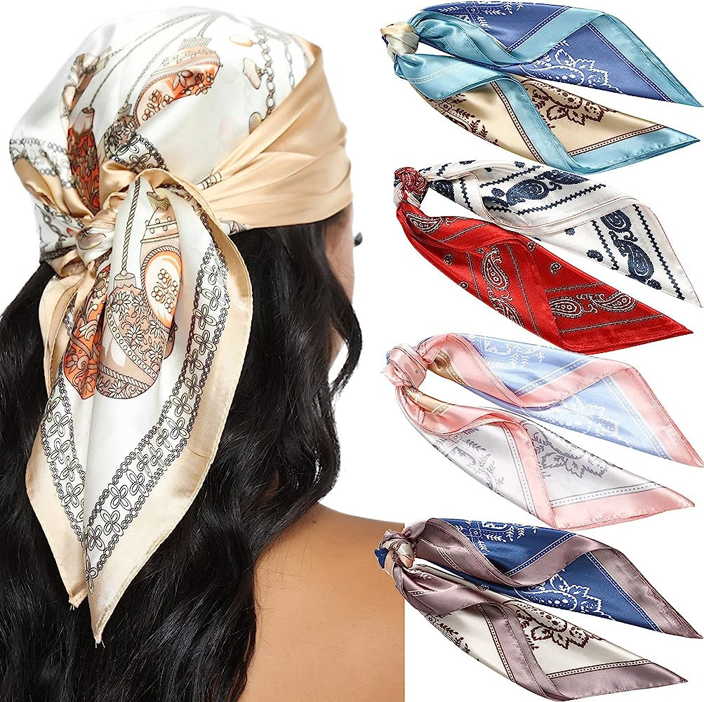 AWAYTR 23.6 Inches Satin Head Scarves for Women 4PCS Square Silk Like Hair Scarves Silk Hair Band... | Amazon (US)