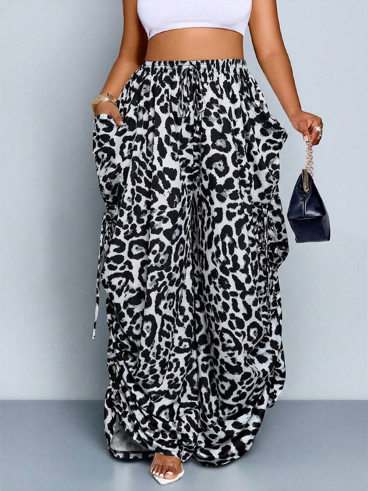 SOLERSUN Plus Size Leopard Print Pleated Drawstring Waist Casual Loose Wide-Leg Trousers, Women's Straight Casual Trousers, Loose Leopard Print Trousers, Leopard Print Trousers, Renaissance Fair, Maroon, Fall Clothing, Brown Trousers, Leopard Print Pants Animal Print Pants Cheetah Print Pants Wide Leg Summer Pants | SHEIN | SHEIN