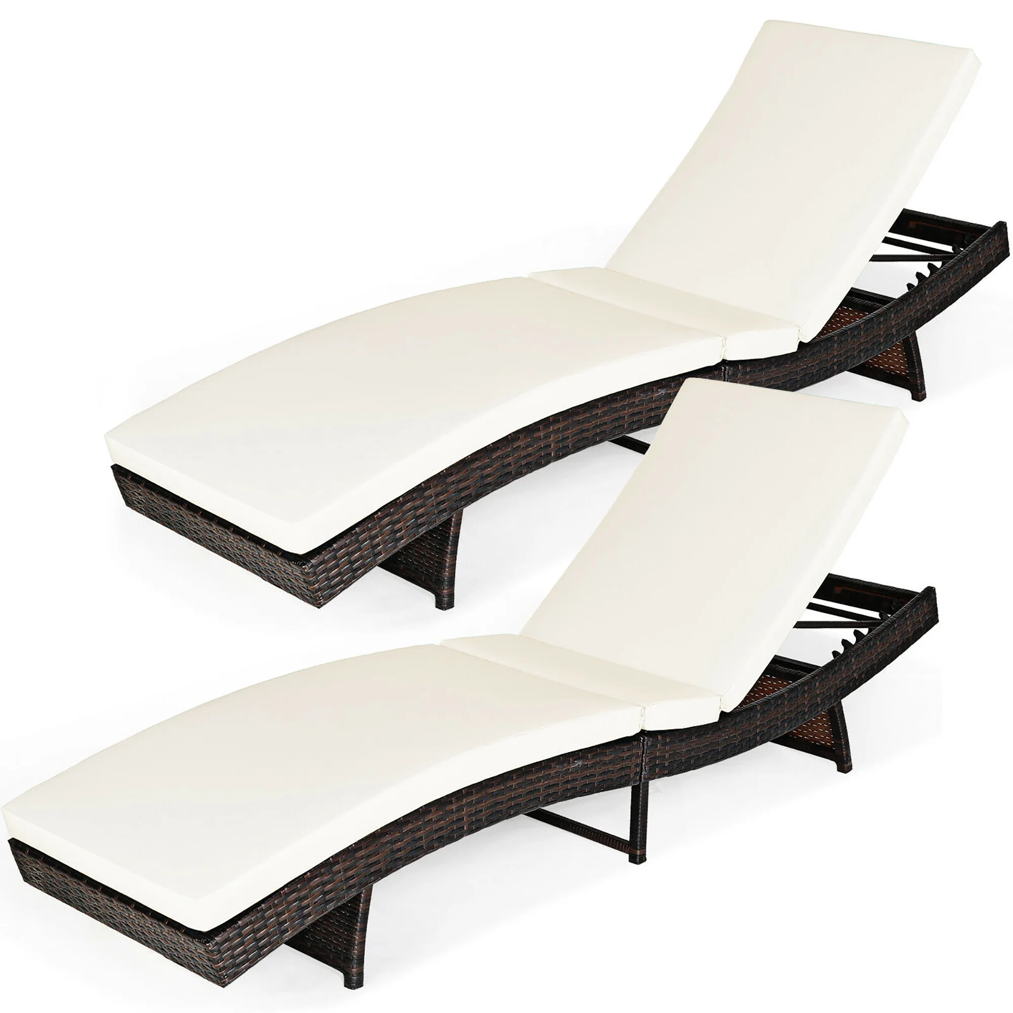 Costway 2PCS  Patio Rattan Folding Lounge Chair Chaise Adjustable White Cushion - Walmart.com | Walmart (US)