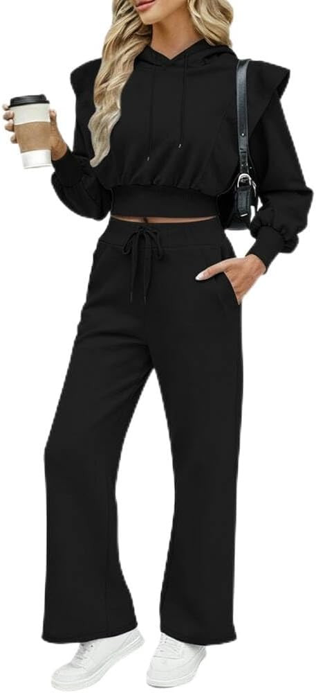CHICME Womens 2 Piece Outfits 2025 Cropped Long Sleeve Hoodie and Wide Leg Sweatpants Set Fall Fa... | Amazon (US)
