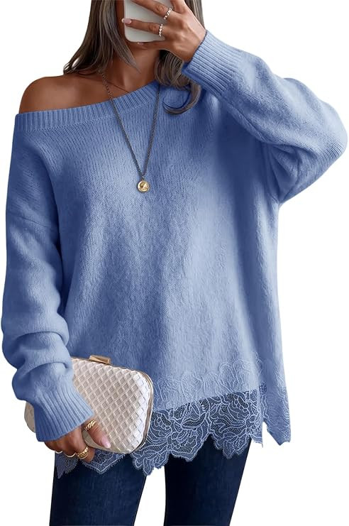 Saodimallsu Womens Lace Patchwork Sweater Long Sleeve Boat Neck Pullovers | Amazon (US)