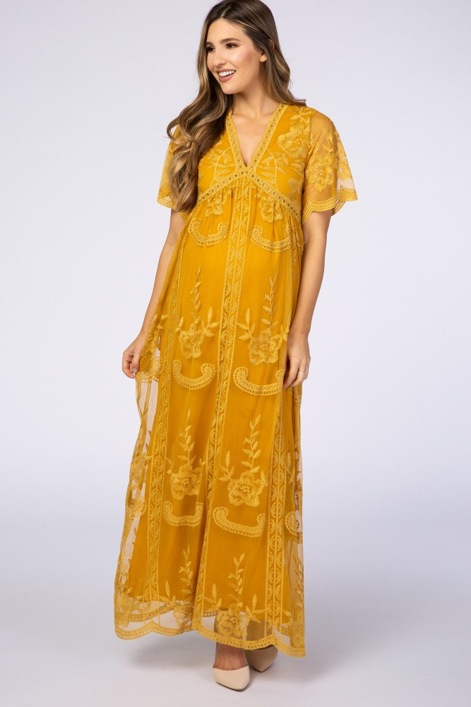 PinkBlush Mustard Lace Mesh Overlay Maternity Maxi Dress | PinkBlush Maternity