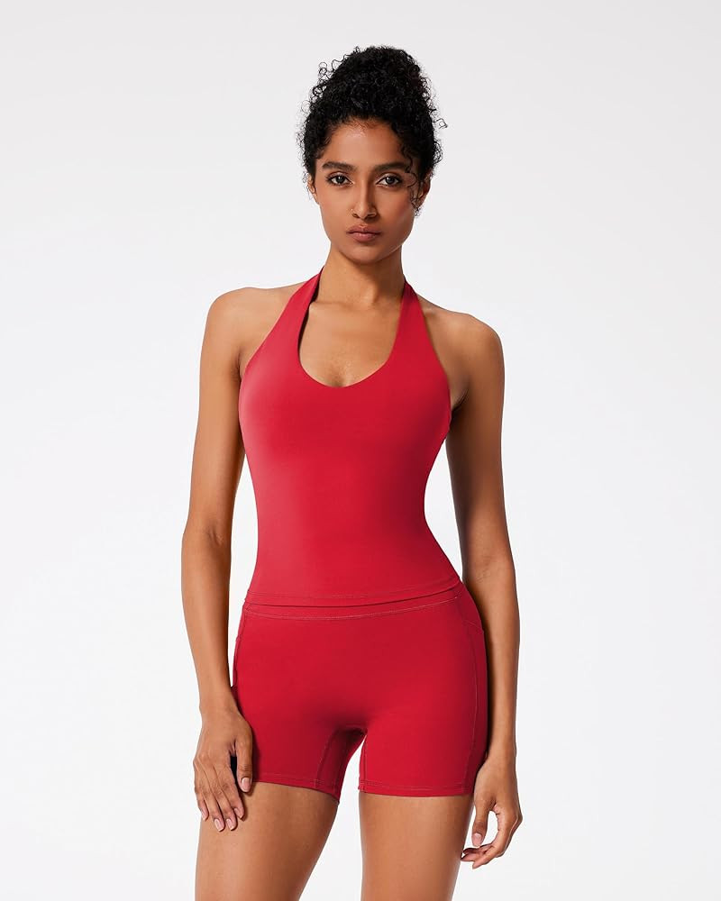 RXRXCOCO Halter Workout Sets for Women 2 Piece V Neck Tank Tops Hidden Scrunch Booty Shorts Gym O... | Amazon (US)