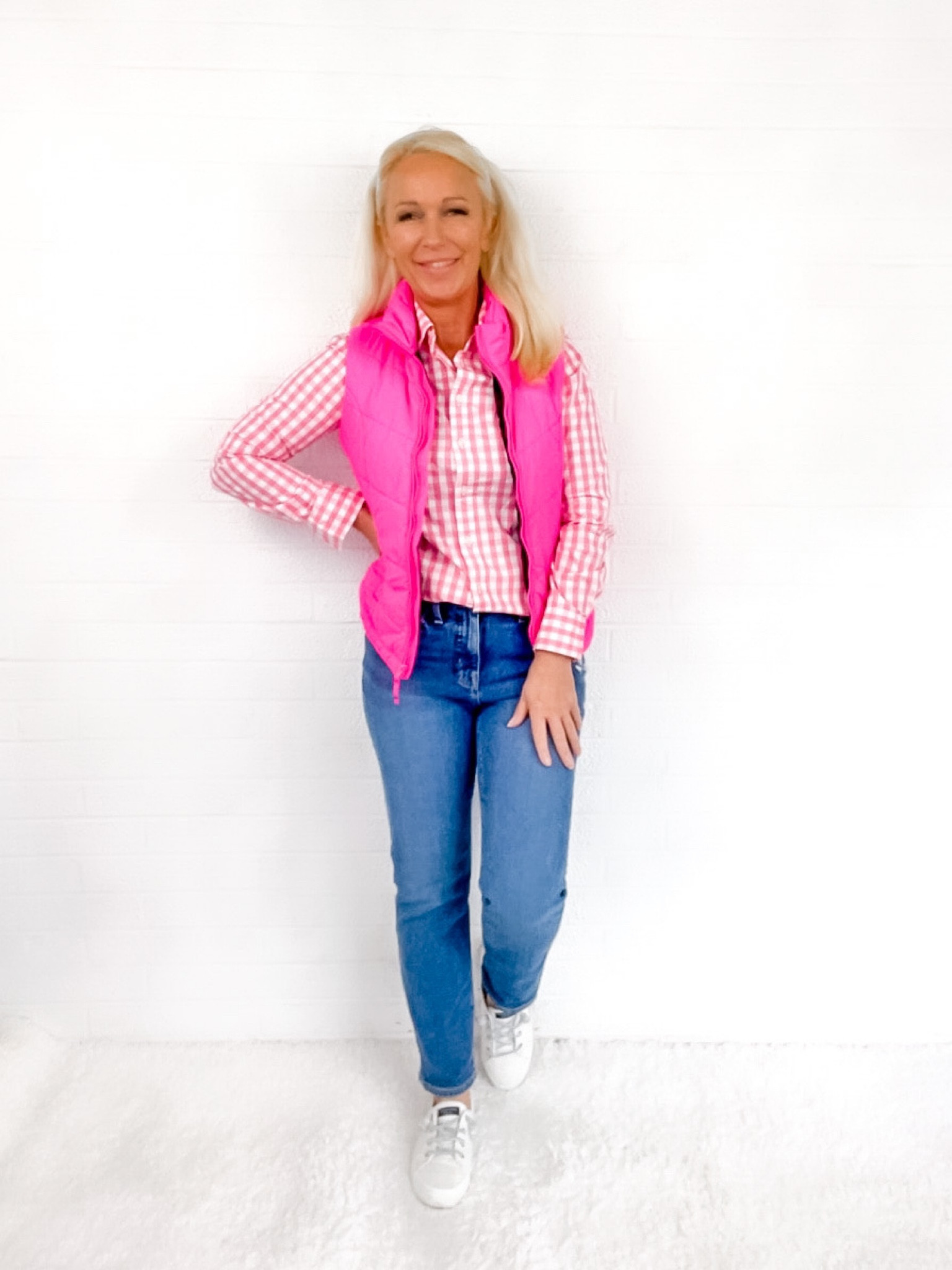 Pink on Wednesdays!
- Pink Gingham button up top
- Pink puffer vest
- slim boyfriend jeans (petite length)
- Sperry sneakers

Fall Outfit / over 40 / over 50 / over60

#LTKunder100 #LTKunder50 #LTKSeasonal