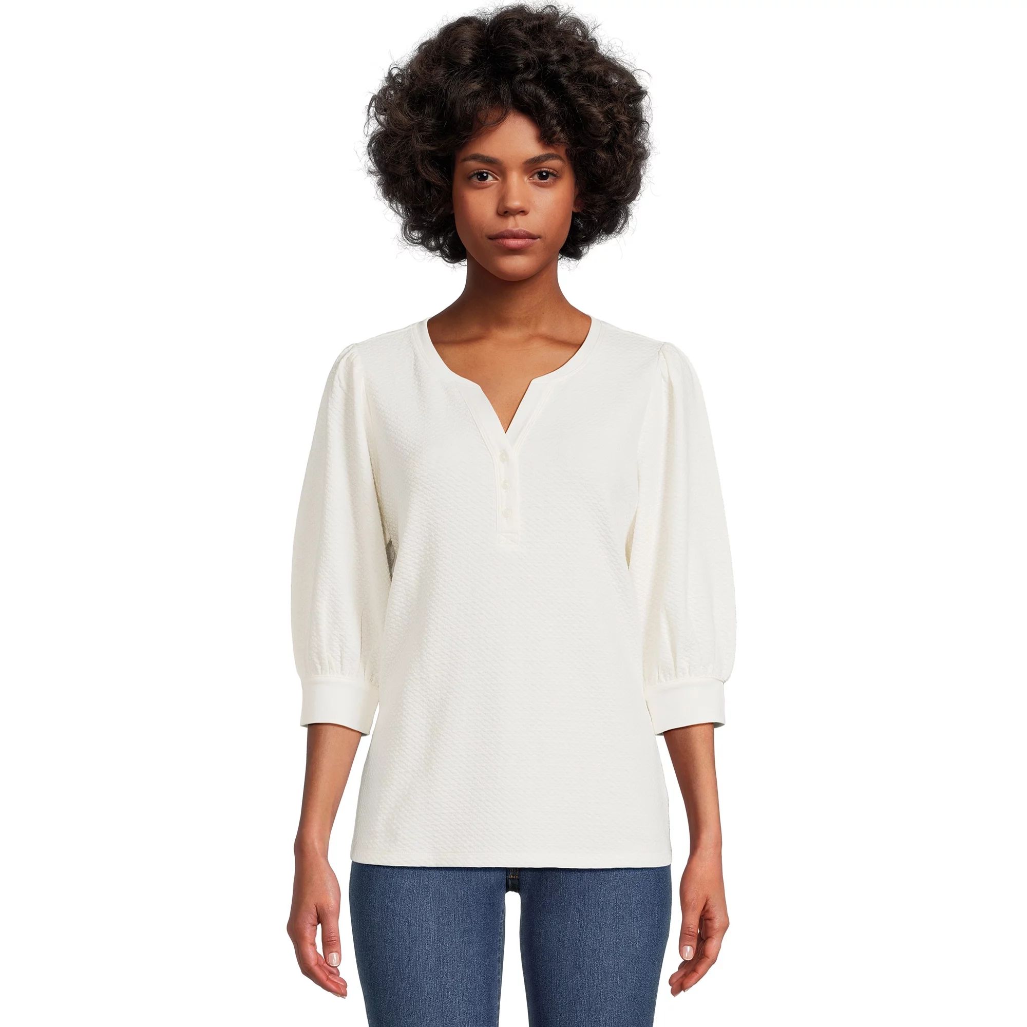 Time and Tru Women's Quilted Top with ¾-Length Puff Sleeves, Sizes XS-XXXL - Walmart.com | Walmart (US)