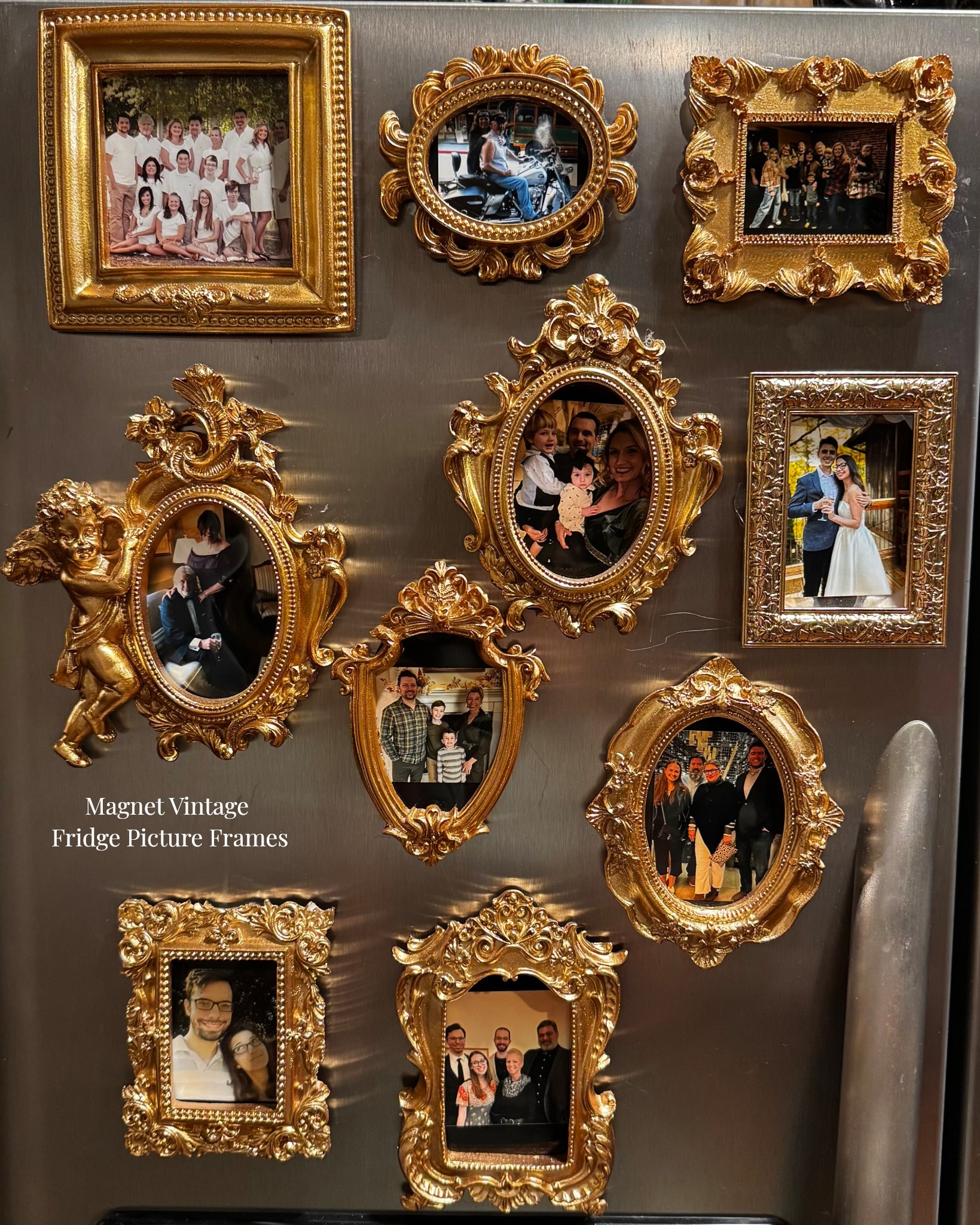 Magnetic gold vintage picture frames that curate your fridge! 

Magnet frame, fridge decor, grand millennial, brushed gold 