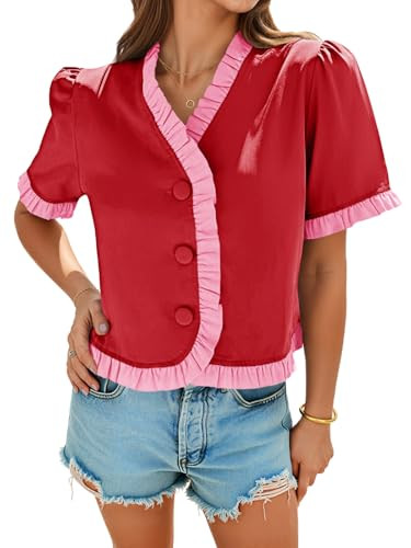Tankaneo Womens Cropped Short Puff Sleeve Blouse Summer Ruffle V Neck Button Down Shirts Dressy C... | Amazon (US)