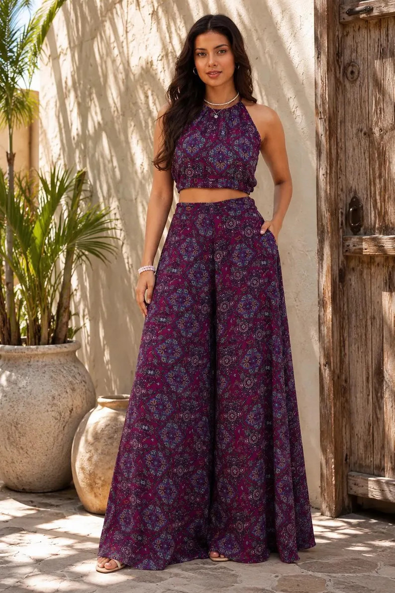 Purple Boho Two Piece Set Women | Halter Crop Top Wide Leg Palazzo Pants | Bohemian Festival Outf... | Etsy (Global)