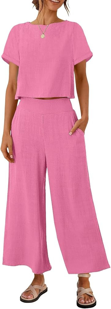 ZESICA Women's 2 Piece Outfits Linen Short Sleeve Crop Top and Wide Leg Pants Lounge Matching Set... | Amazon (US)
