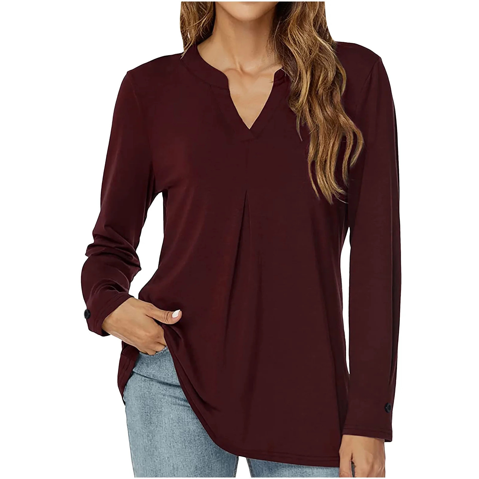 Odeerbi Womens Tops Dressy 2025 Casual Blouse Long Sleeve Shirts Fall Trendy Winter Solid Color V... | Walmart (US)