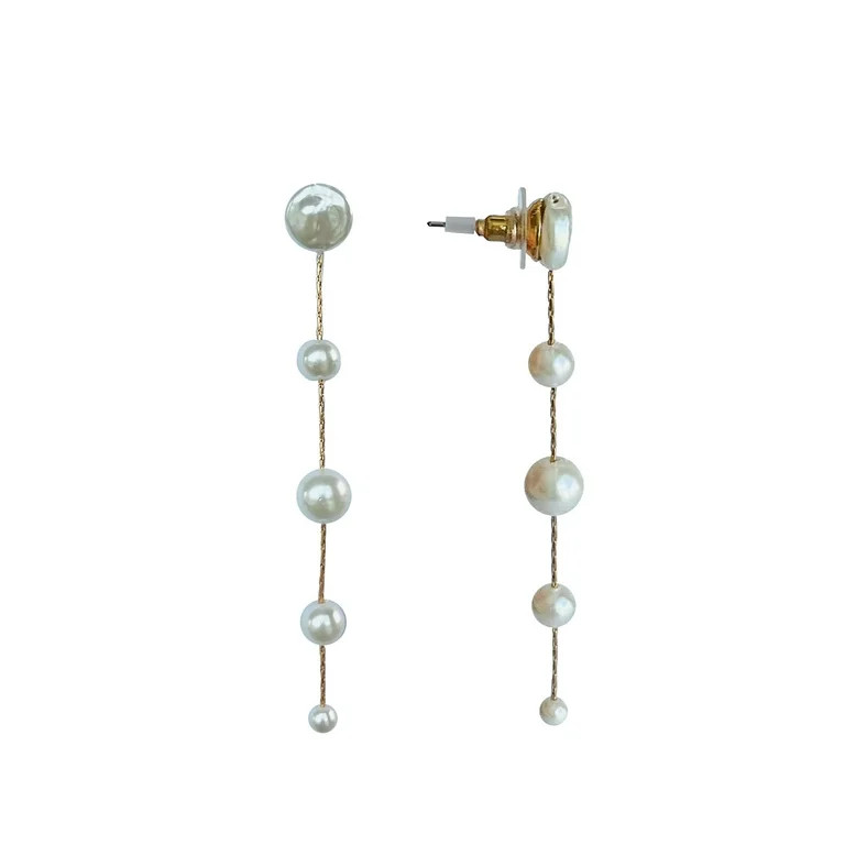 Time and Tru Pearl Linear Gold Plated Drop Earrings with Bullet Backs | Walmart (US)