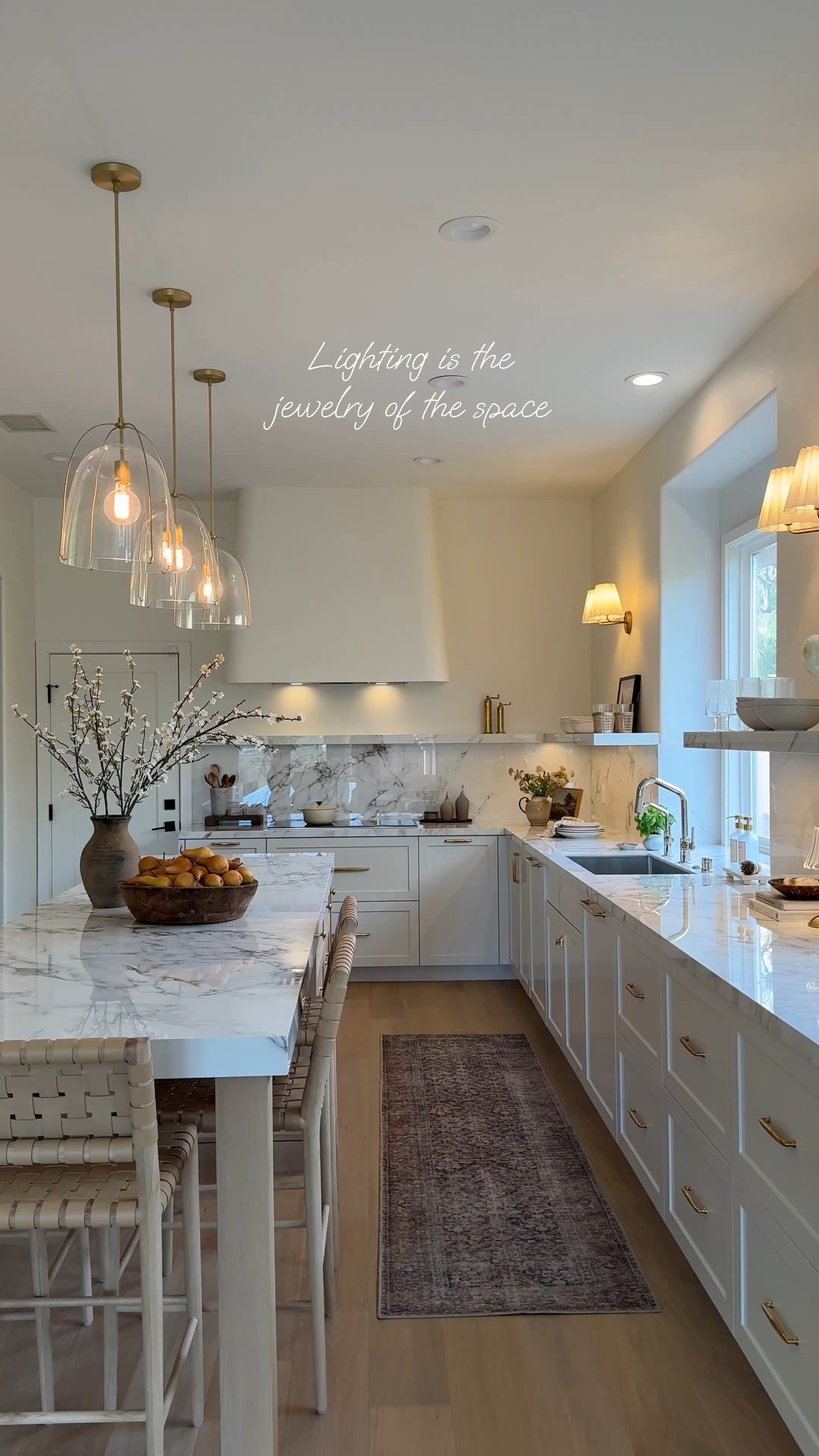 Kitchen lighting. Favorite runner on major sale! Glass pendant, lights, brass, pendant, lights, table lamp, Brass sconces Vintage runner Amber Lewis Loloi rug brass sconce dough bowl vintage art easel plates cereal bowl glasses amazon lulu & Georgia vase brown vase Terra cotta vase 