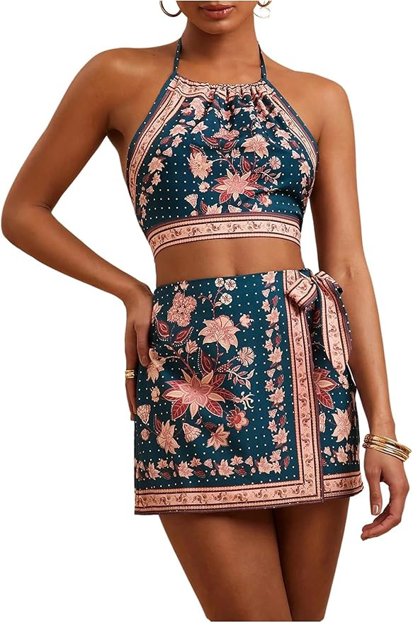 Women's Boho Outfits 2 Piece Floral Crop Halter Tops with Wrap Skorts Vacation Clothing Set | Amazon (US)