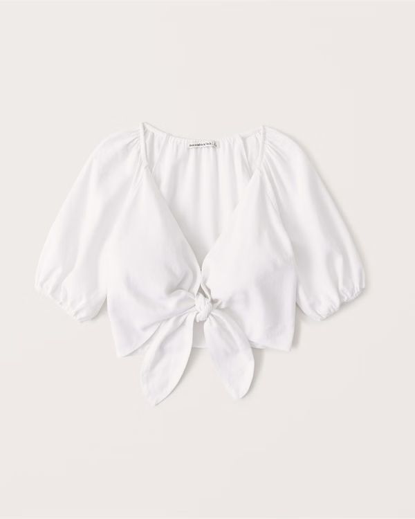 Cropped Tie-Front Linen Blend Top | Abercrombie & Fitch (US)
