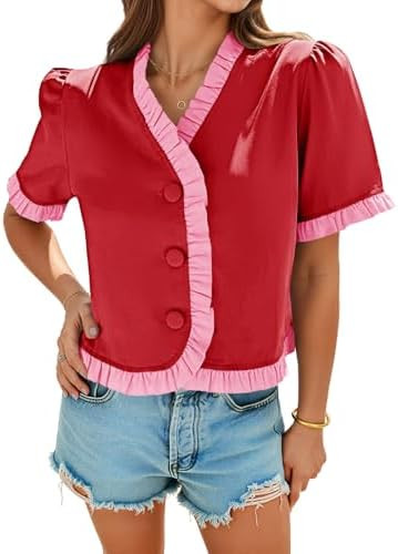 Tankaneo Womens Cropped Short Puff Sleeve Blouse Summer Ruffle V Neck Button Down Shirts Dressy C... | Amazon (US)