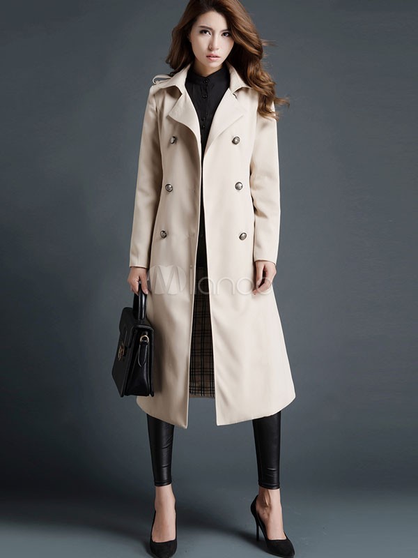 Trench Coat Women Khaki Long Sleeve Turndown Collar Wind Proof Double Breasted Maxi Coat | Milanoo