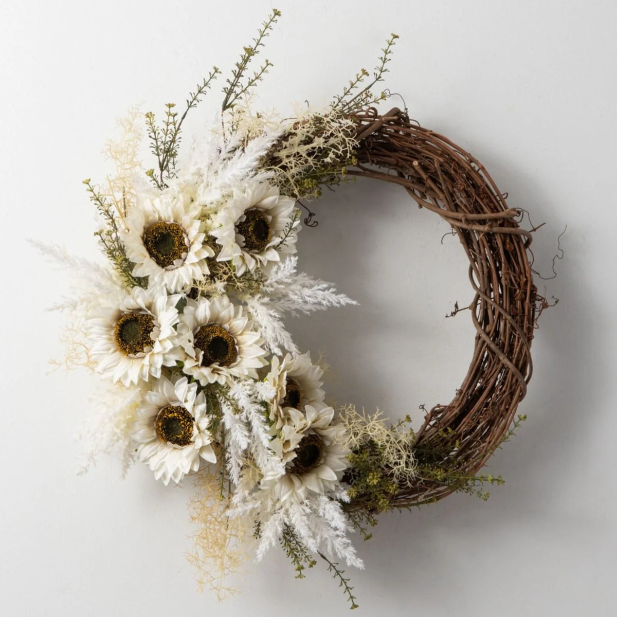 Autumn In Full Bloom - White Sunflower & Faux Pampas Grass Asymmetric Front Door Fall Wreath | Darby Creek Trading