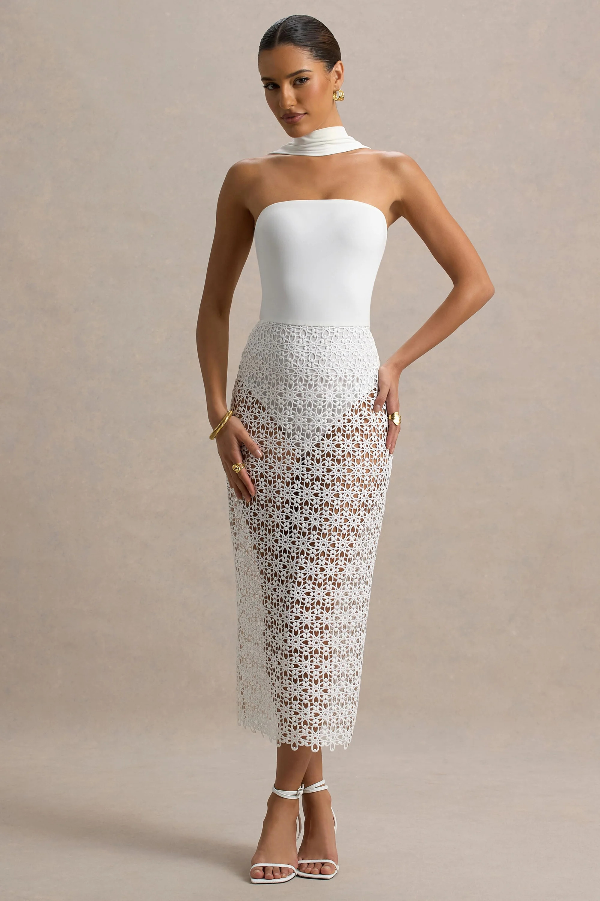 Tamala  White High-Neck Midi Dress With Lace Skirt | Club L London