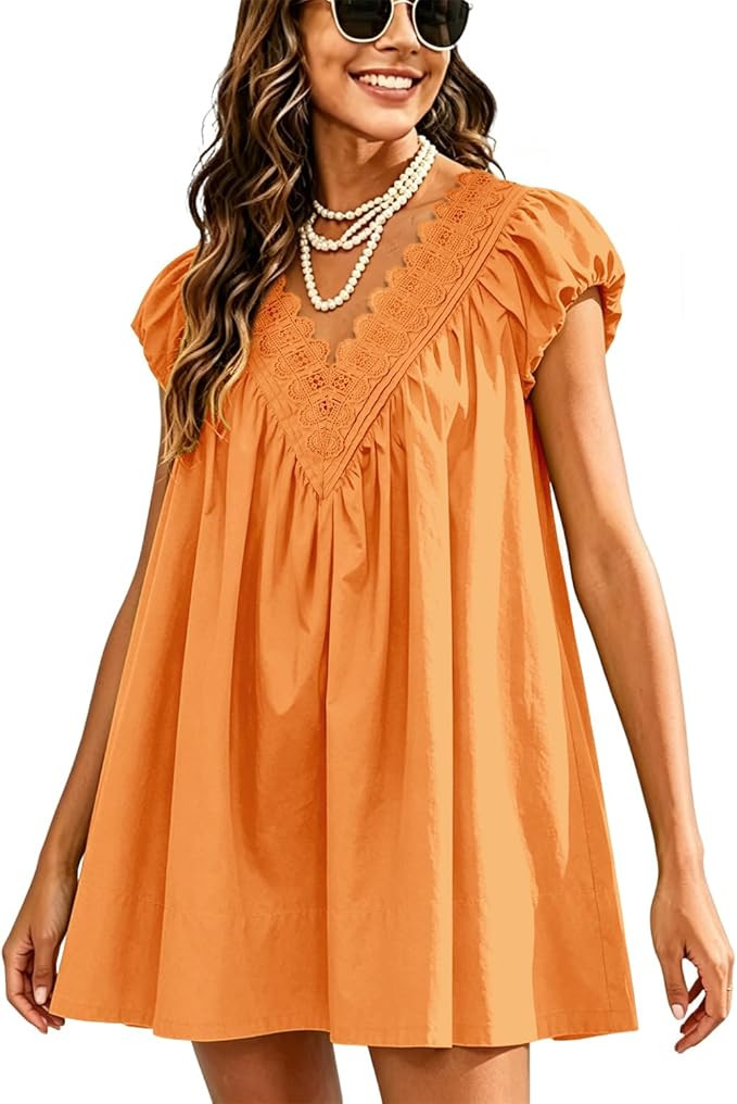 Womens Babydoll Mini Short Dress V Neck Puff Sleeve A Line Boho Scalloped Loose Beach Sundress wi... | Amazon (US)