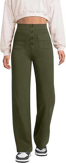 keriffe Women's Straight Leg Pants High Waisted Button Stretchy Business Work Dress Casual Trouse... | Amazon (US)