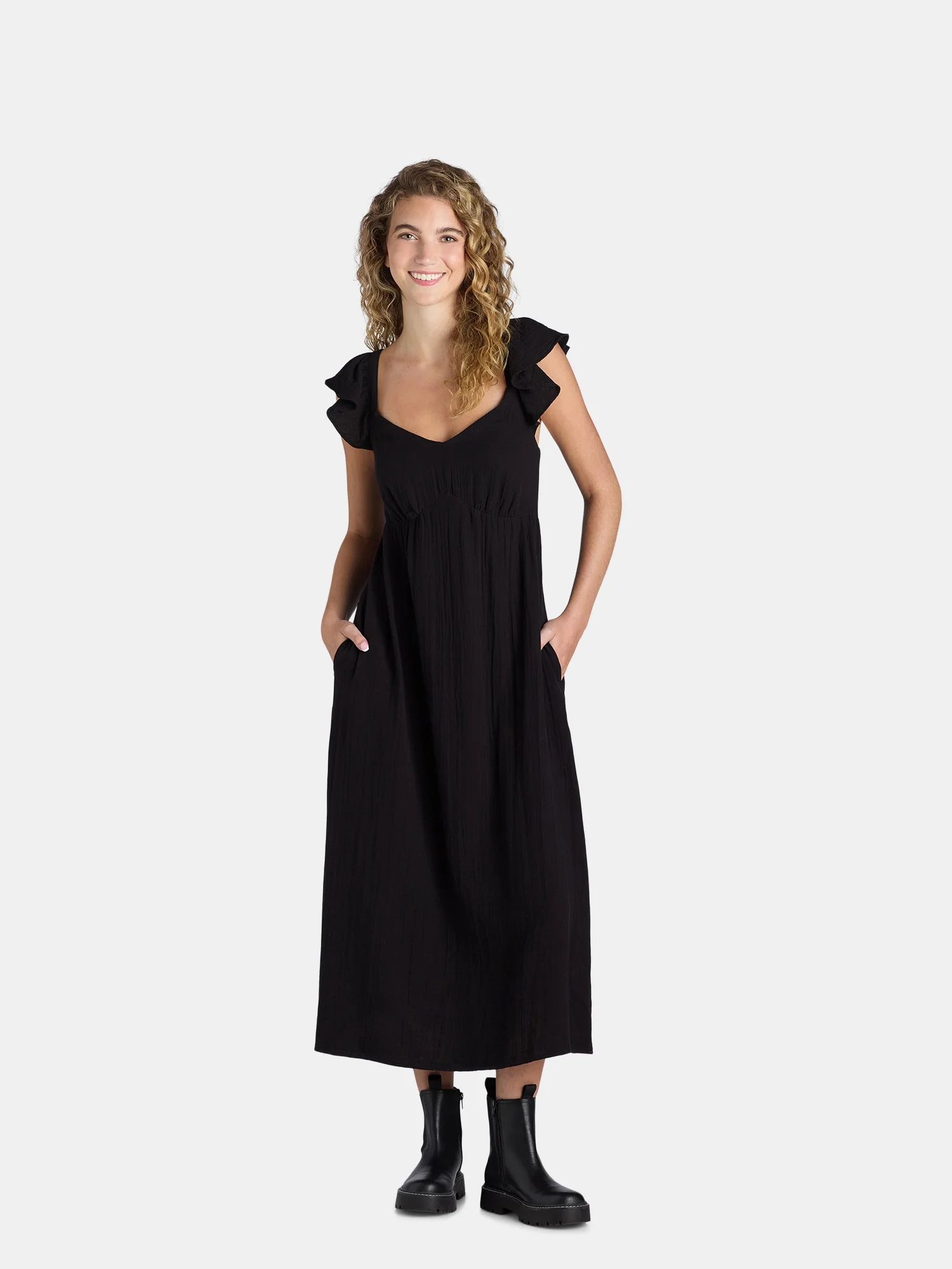 Time and Tru Women's and Women's Plus Double Cloth Empire Midi Dress, Sizes XS-4X | Walmart (US)