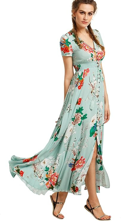 Milumia Women Floral Print Button Up Split Flowy Party Maxi Dress | Amazon (US)